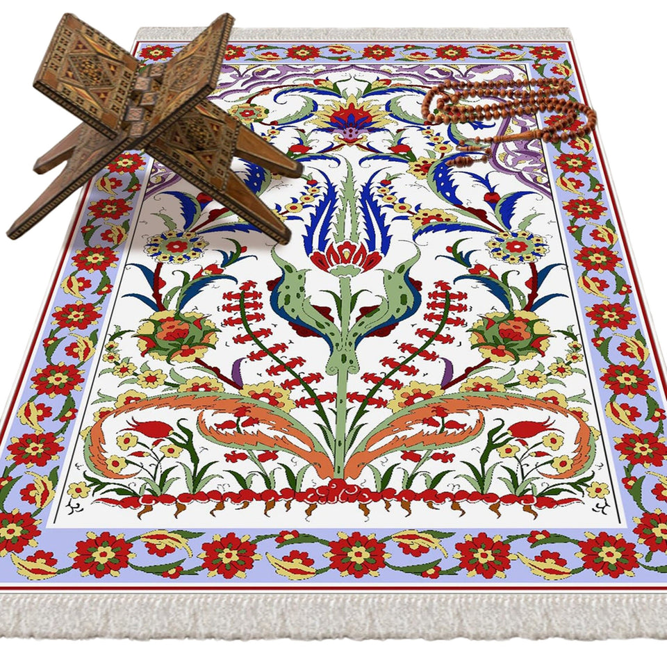 Ottoman Tulips Soft Padded Prayer Rug | Cotton Layer Janamaz | Anti Slip Backing Bamboo Cotton Prayer Mat | Islamic Gifts