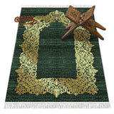 Gold Gilded Green Soft Padded Prayer Rug | Cotton Layer Janamaz | Anti Slip Backing Bamboo Cotton Prayer Mat | Islamic Gifts