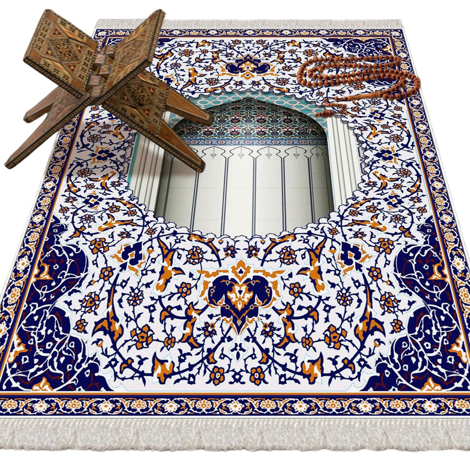 Blue Mihrab Soft Padded Prayer Rug | Cotton Layer Janamaz | Anti Slip Backing Bamboo Cotton Prayer Mat | Islamic Gifts