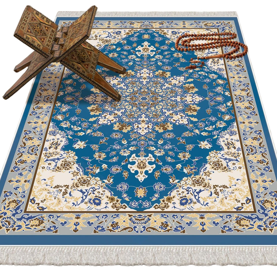 Traditional Blue Soft Padded Prayer Rug | Cotton Layer Janamaz | Anti Slip Backing Bamboo Cotton Prayer Mat | Islamic Gifts
