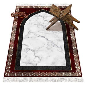 Red White Marble Soft Padded Prayer Rug | Large Size Prayer Mat | Anti Slip Backing Bamboo Cotton Prayer Mat | Islamic Gifts