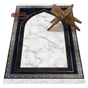Blue White Marble Soft Padded Prayer Rug | Cotton Layer Janamaz | Anti Slip Backing Bamboo Cotton Prayer Mat | Islamic Gifts