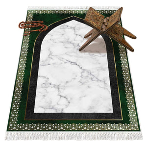 Green White Marble Soft Padded Prayer Rug | Cotton Layer Janamaz | Anti Slip Backing Bamboo Cotton Prayer Mat | Eid Mubarak