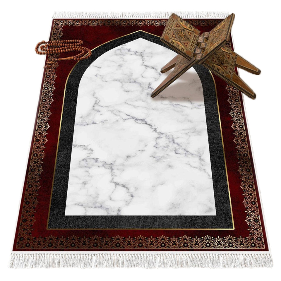 Red White Marble Soft Padded Prayer Rug | Cotton Layer Janamaz | Anti Slip Backing Bamboo Cotton Prayer Mat | Quran Eid Gifts