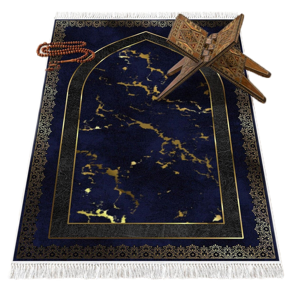 Blue Marble Soft Padded Prayer Rug | Cotton Layer Janamaz | Anti Slip Backing Bamboo Cotton Prayer Mat | Islamic Gifts