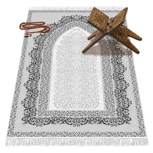 Decorated Gray Soft Padded Prayer Rug | Cotton Layer Janamaz | Anti Slip Backing Bamboo Cotton Prayer Mat | Islamic Gifts