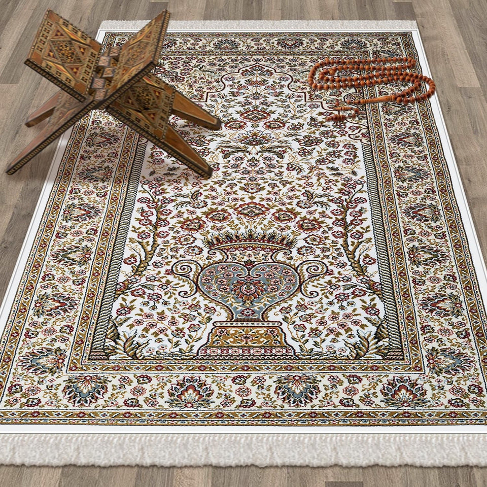 Beige Red and Brown Ottoman Tiles Soft Padded Prayer Rug | Cotton Layer Janamaz | Anti Slip Backing Bamboo Cotton Prayer Mat | Islamic Gifts
