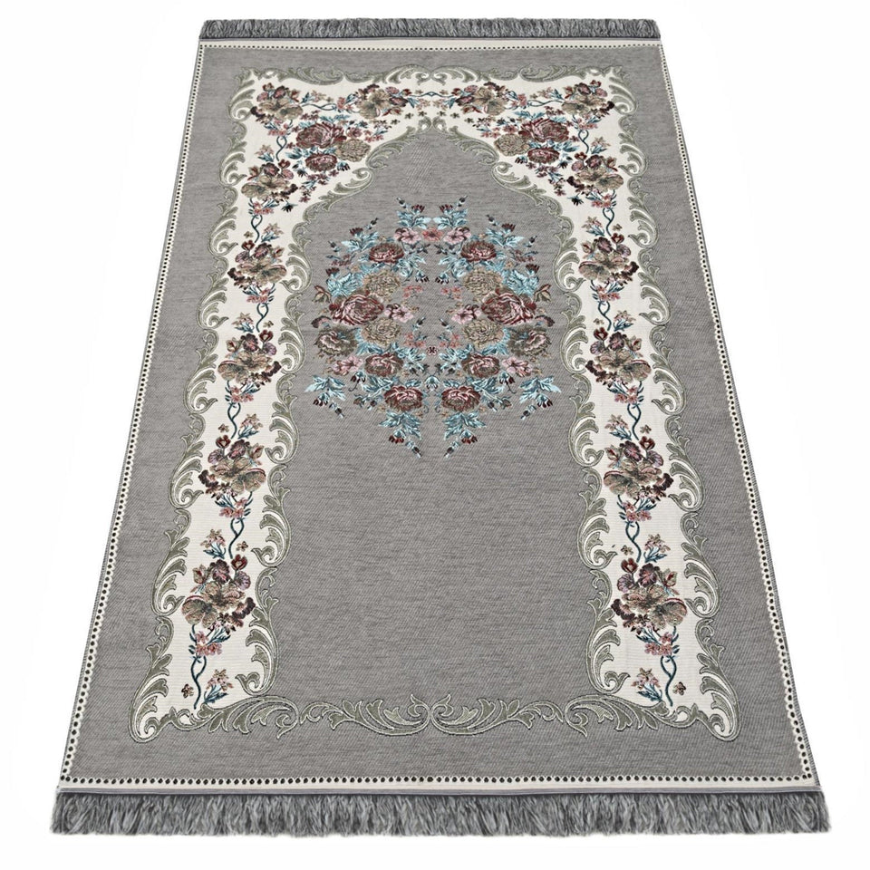 Gray Lux Roses Islamic Prayer Rug, Portable Sejadah, Travel Prayer Rug, Salat Musallah Sejadah Janamaz