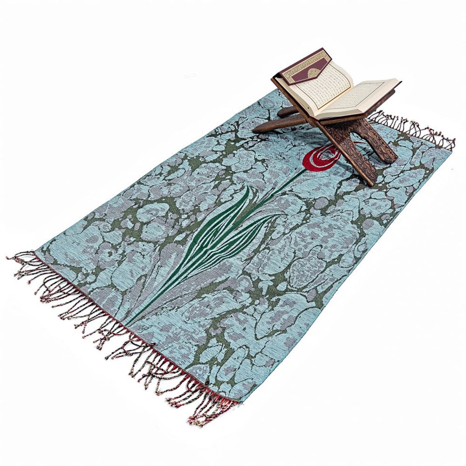 Turquoise Taffeta Islamic Prayer Rug, Tulip Motiff Janamaz Musallah Sesallah Sejadah Carpet Muslim Seccade Islam Sajadah