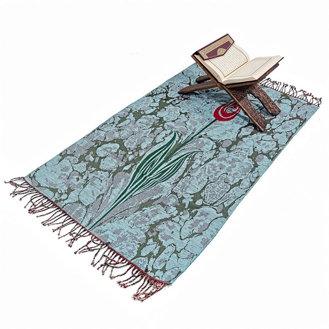 Turquoise Taffeta Islamic Prayer Rug, Tulip Motiff Janamaz Musallah Sesallah Sejadah Carpet Muslim Seccade Islam Sajadah
