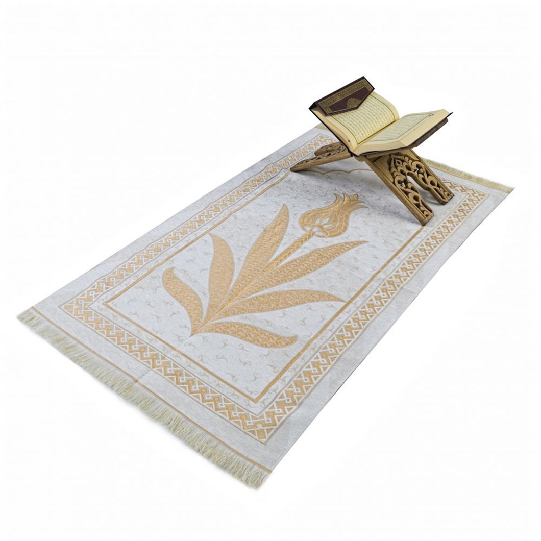 Gold Tulip Taffeta Lux Lightweighted Islamic Prayer Rug, Janamaz, Musallah, Sesallah, Sejadah, Carpet, Muslim Seccade, Islam Sajadah
