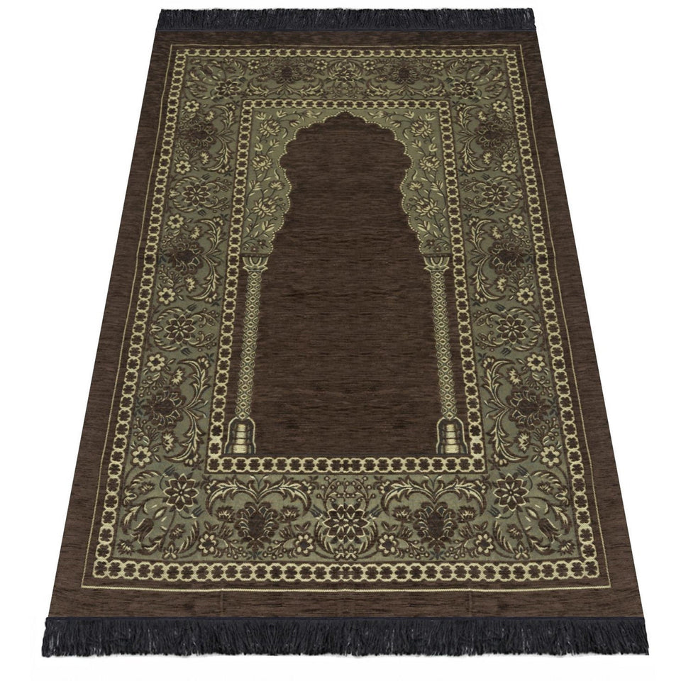 Brown Aslisah Chenille Lightweighted Islamic Prayer Rug, Janamaz, Musallah, Sesallah, Sejadah, Carpet, Muslim Seccade, Islam Sajadah - islamicbazaar