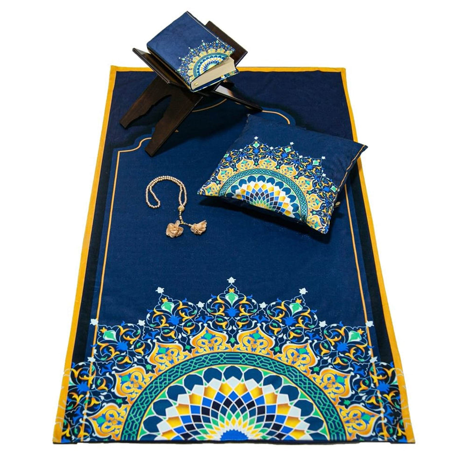 Navy Blue Delux Special Prayer Mat Set Gift | Quran | Sajadah | Pillowcase | Islamic Gift | Personalized Gift | Tasbeeh Sejadah Set