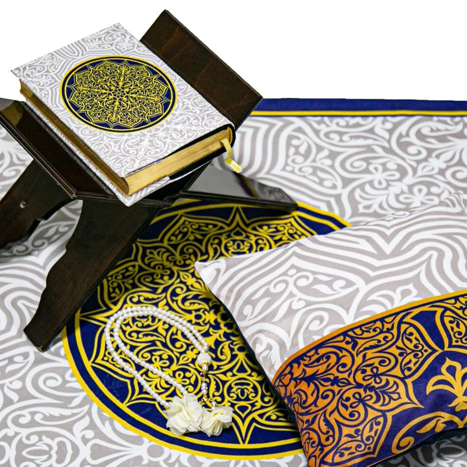 Golden Blue Delux Special Prayer Mat Set Gift | Quran | Sajadah | Pillowcase | Islamic Gift | Personalized Gift | Tasbeeh Sejadah Set