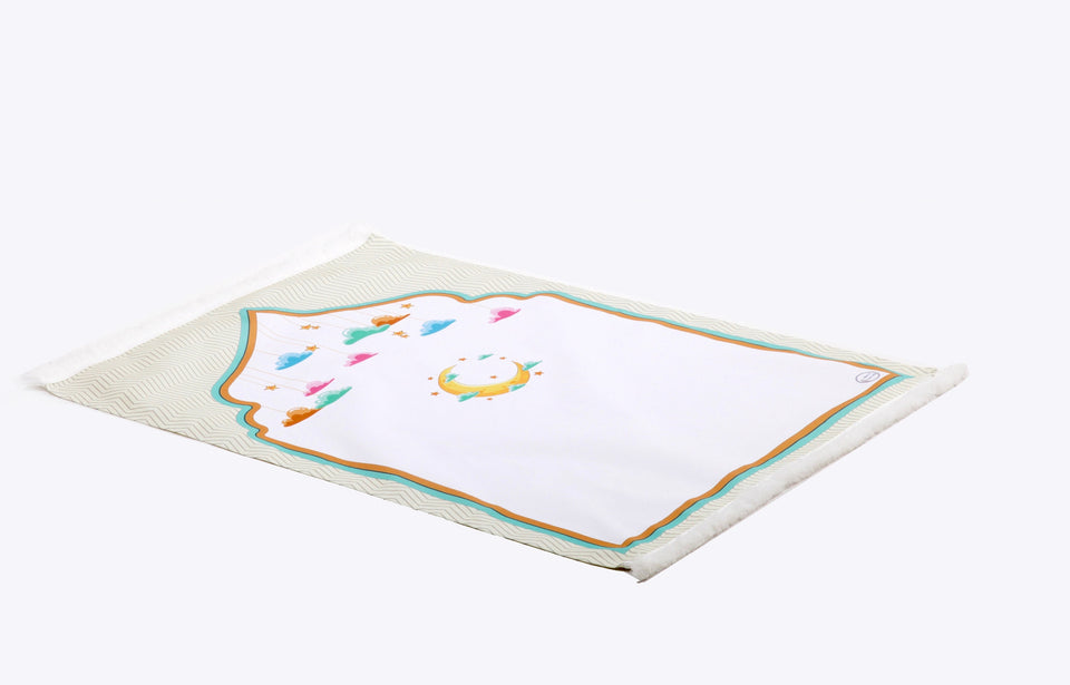 Personalized Prayer Mat for Kids, White Moon Islamic Praying Rug for Children, Educational Prayer Mat, Janamaz Muslim Child First Prayer Rug