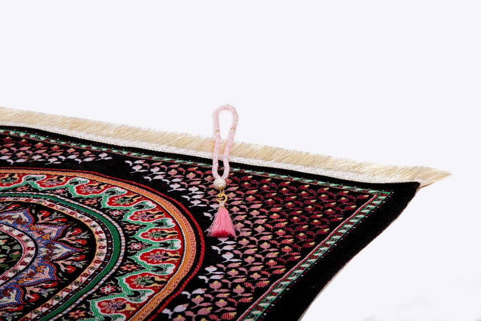 Black Bohemian Prayer Mat, Prayer Mat with Tasbeeh, Prayer Rug, Boho Rug, Turkish Rug, Islamic Gift YSLM11