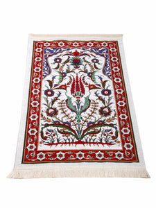 Red Ottoman Tulips Prayer Rug, Lux Schenille Woven Prayer Mat, Muslim Janamaz with Tasbih