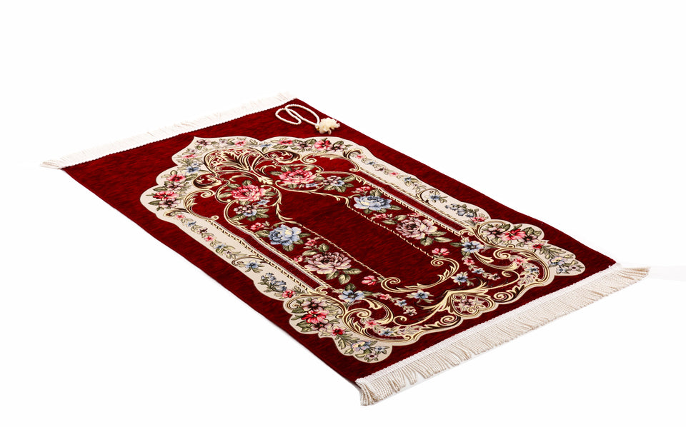 Red Golden Frame Prayer Mat, Prayer Mat with Tasbeeh, Prayer Rug, Muslim Janamaz, Sajadah Cantik , Islamic Gifts