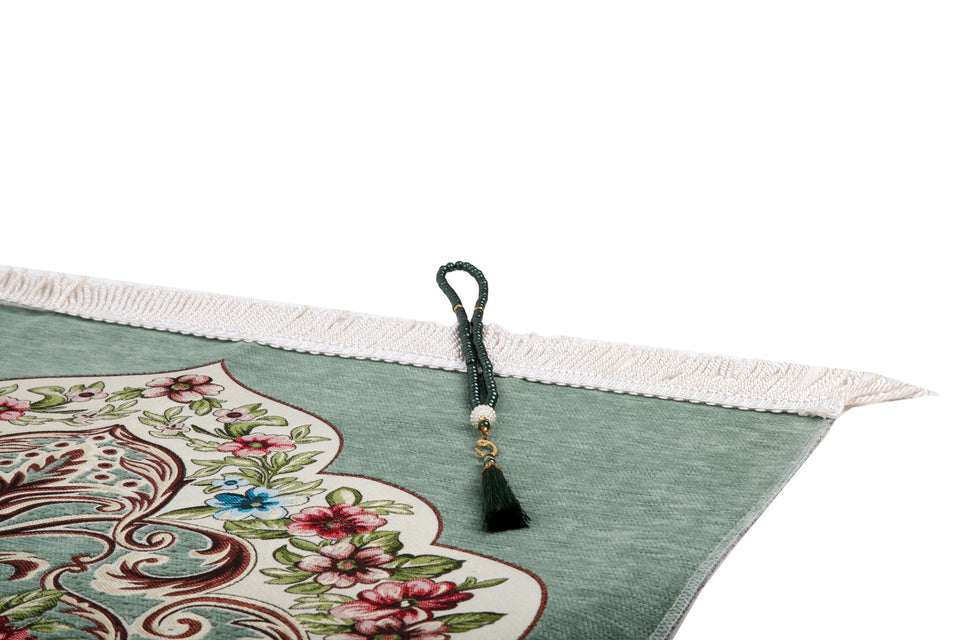Green Golden Frame Prayer Mat, Prayer Mat with Tasbeeh, Prayer Rug, Muslim Janamaz, Sajadah Cantik , Islamic Gifts