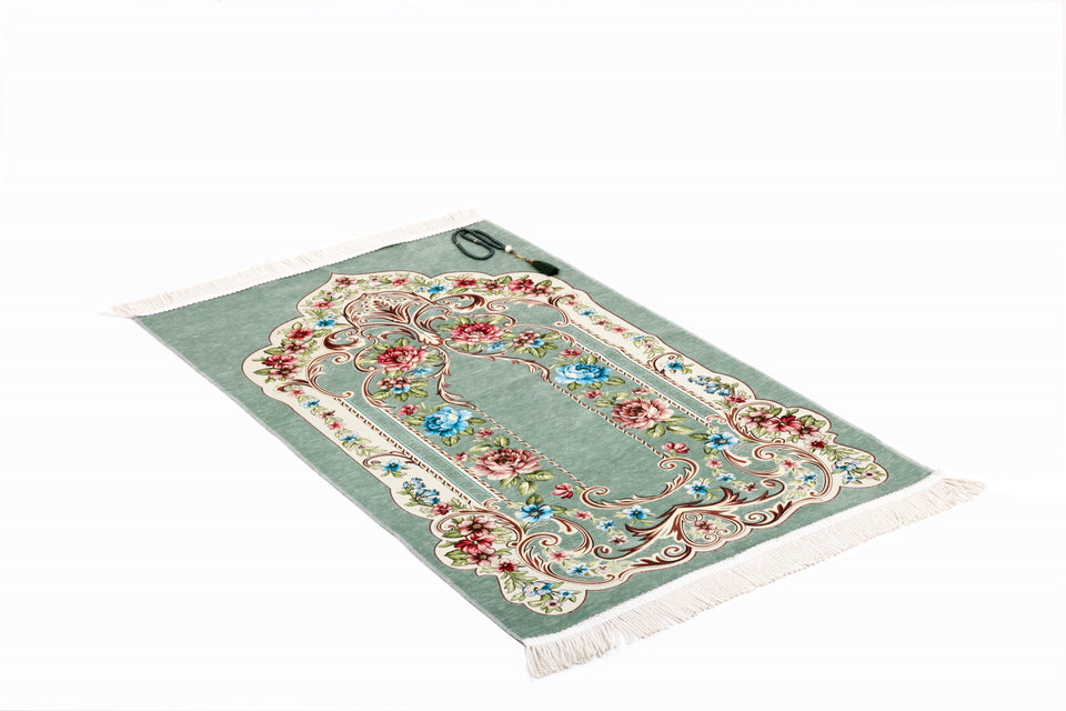 Green Golden Frame Prayer Mat, Prayer Mat with Tasbeeh, Prayer Rug, Muslim Janamaz, Sajadah Cantik , Islamic Gifts