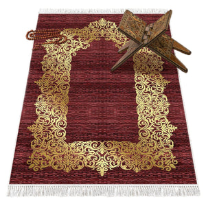 Gold Gilded Crimson Red Soft Padded Prayer Rug | Cotton Layer Janamaz | Anti Slip Backing Bamboo Cotton Prayer Mat | Islamic Gifts
