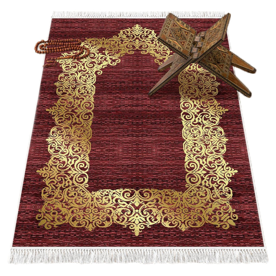 Gold Gilded Crimson Red Soft Padded Prayer Rug | Cotton Layer Janamaz | Anti Slip Backing Bamboo Cotton Prayer Mat | Islamic Gifts