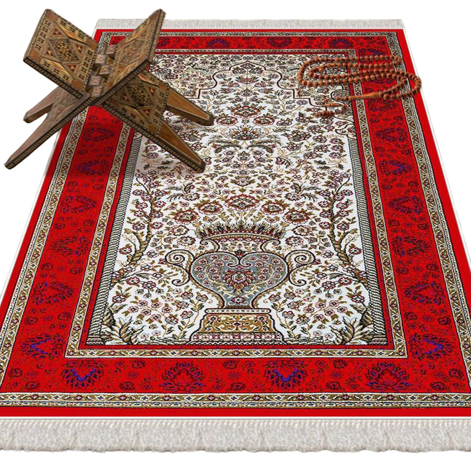 Red Mosaic Carpet Soft Padded Prayer Rug | Cotton Layer Janamaz | Anti Slip Backing Bamboo Cotton Prayer Mat | Islamic Gifts