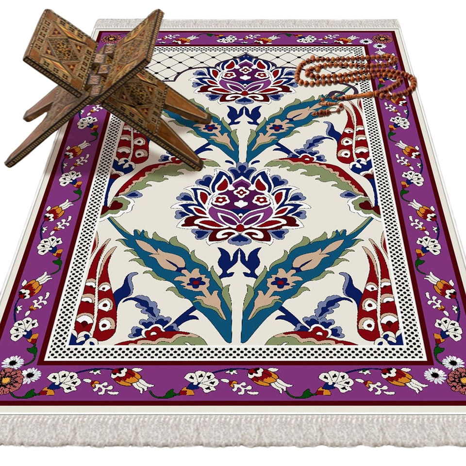 Lalezar Purple Soft Padded Prayer Rug | Cotton Layer Janamaz | Anti Slip Backing Bamboo Cotton Prayer Mat | Islamic Gifts