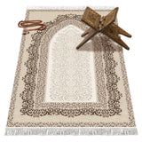 Decorated Beige Soft Padded Prayer Rug | Cotton Layer Janamaz | Anti Slip Backing Bamboo Cotton Prayer Mat | Islamic Gifts