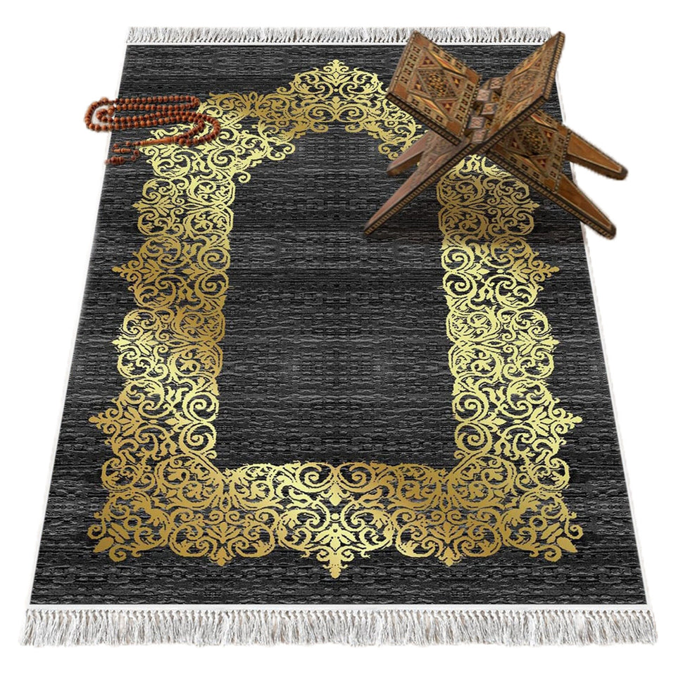 Gold Gilded Black Soft Padded Prayer Rug | Cotton Layer Janamaz | Anti Slip Backing Bamboo Cotton Prayer Mat | Islamic Gifts