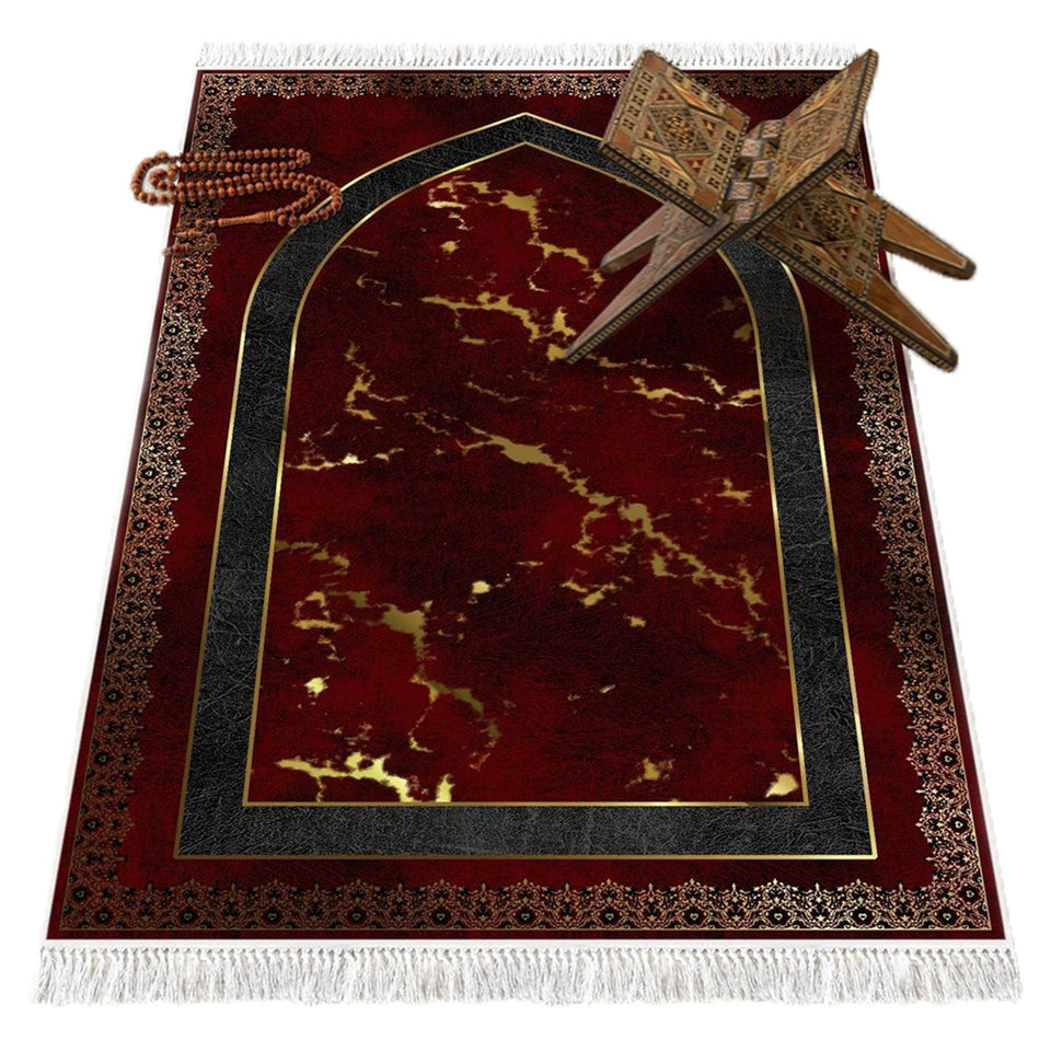 Red Marble Soft Padded Prayer Rug | Cotton Layer Janamaz | Anti Slip Backing Bamboo Cotton Prayer Mat | Eid Gifts