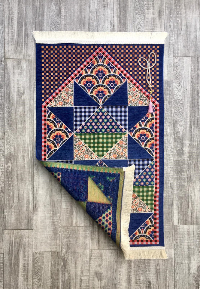 Blue Patch Work Sejadah, Rawdah Inspired Lux Prayer Mat,  Prophet's Mosque Prayer Rug, Alrawda Janamaz, Rawda, Unique Islamic Gift