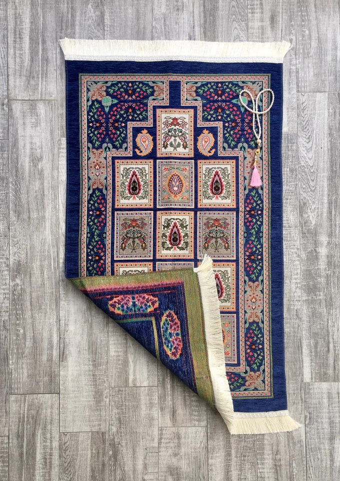 Navy Blue Patchwork Prayer Mat, Prayer Mat with Tasbeeh, Prayer Rug, Bohemian Rug, Turkish Rug, Islamic Gift YSLM16