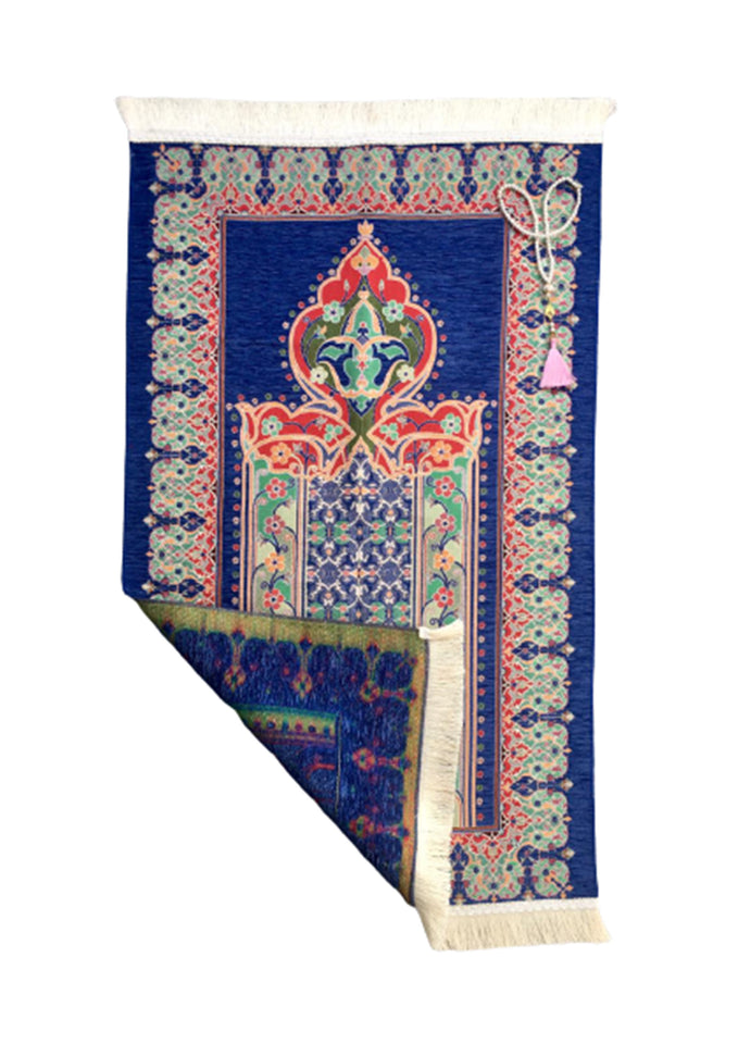 Prayer Mat | Ultra Lux Chenille Prayer Rug | Woven Sajdah | Musalla | Janamaz | Unique Islamic Gift | Blue Flower Arrow Prayer Mat