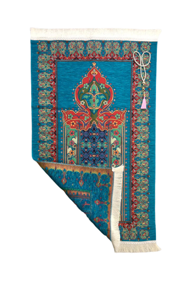 Prayer Mat | Ultra Lux Chenille Prayer Rug | Woven Sajdah | Musalla | Janamaz | Unique Islamic Gift | Turquoise Flower Arrow Prayer Mat - islamicbazaar