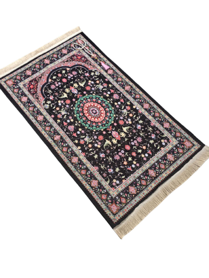 Black Flowers of Anatolia Sejadah | Lux Prayer Mat | Prayer Rug | Janamaz | Elegant | High Quality | Luxury - A Unique Islamic Gift