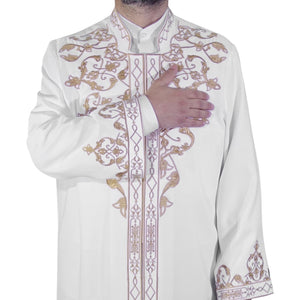 Verkauf Celebi S bestickte Creme Jubbah, islamische Herrenbekleidung, Bordured Thobe, Galabiyya, lange Kurta, Cubbe