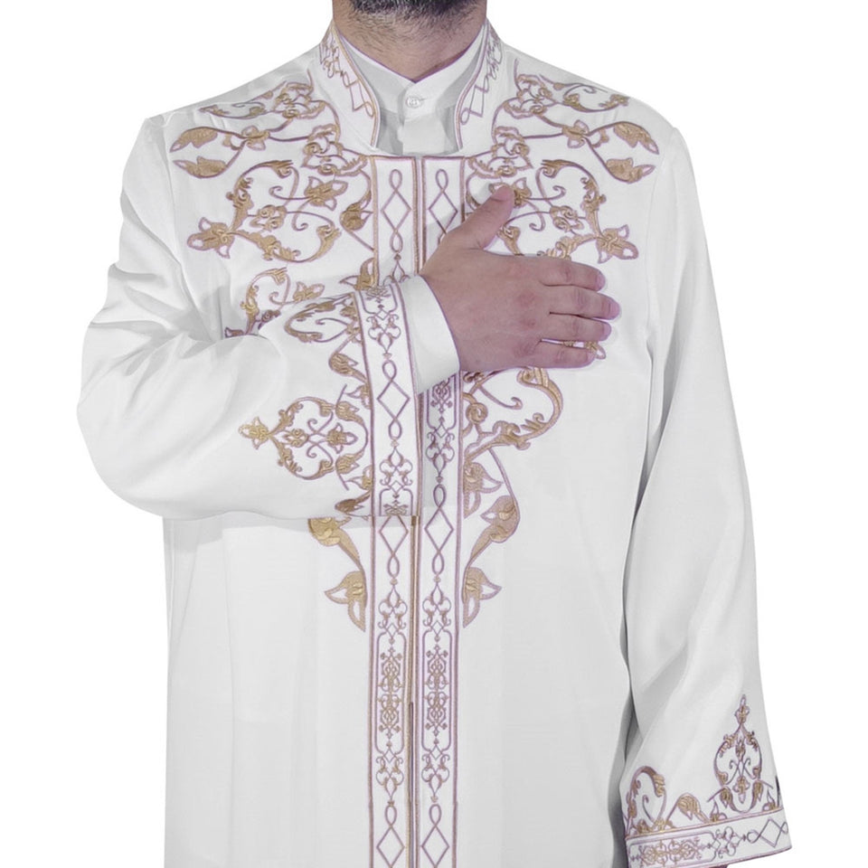 PRODAJA Celebi S vezena krema Jubbah, islamska muška odjeća, Bordured Thobe, Galabiyya, Long Kurta, Cubbe