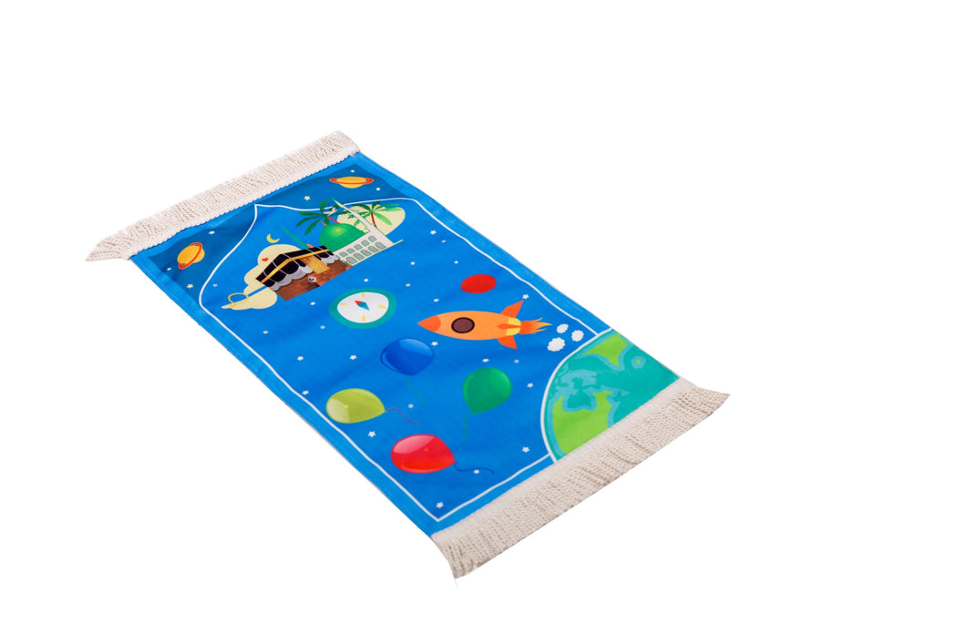 Personalized Prayer Mat for Kids, Blue Space Islamic Praying Rug for Children, Educational Prayer Mat, Janamaz Muslim Child First Prayer Mat