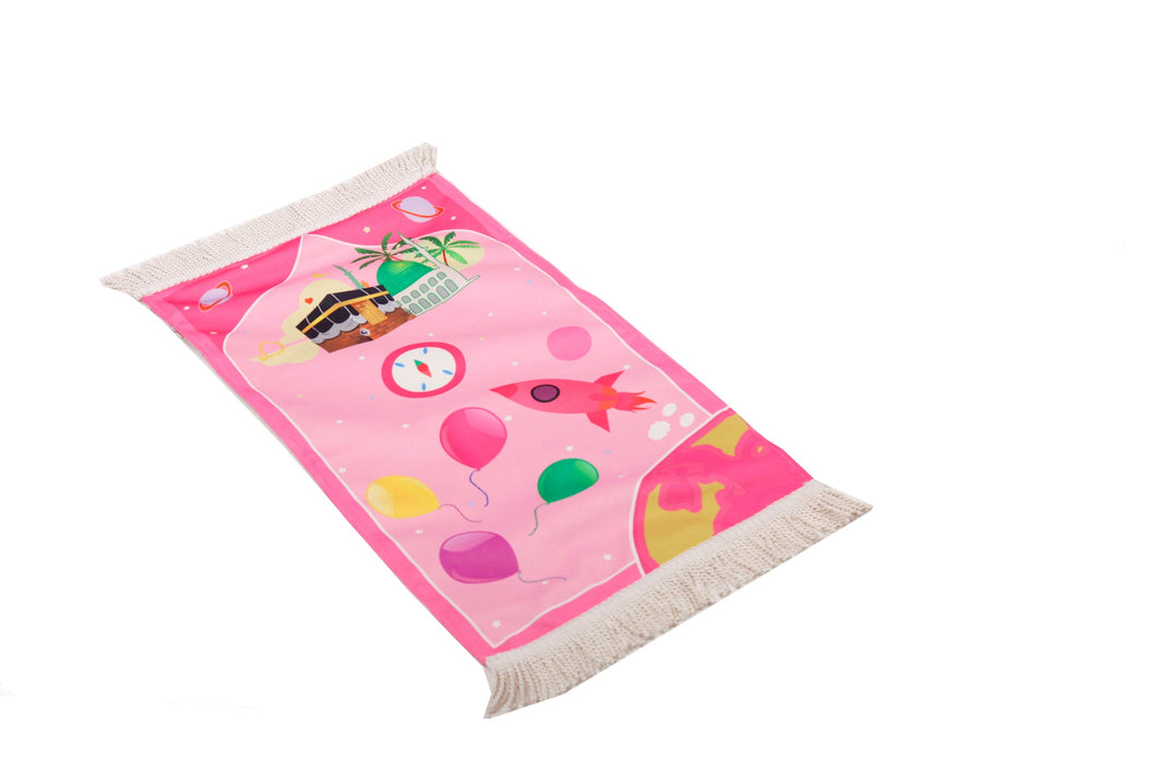 Personalized Prayer Mat for Kids, Pink Space Islamic Praying Rug for Children, Educational Prayer Mat, Janamaz Muslim Child First Prayer Mat