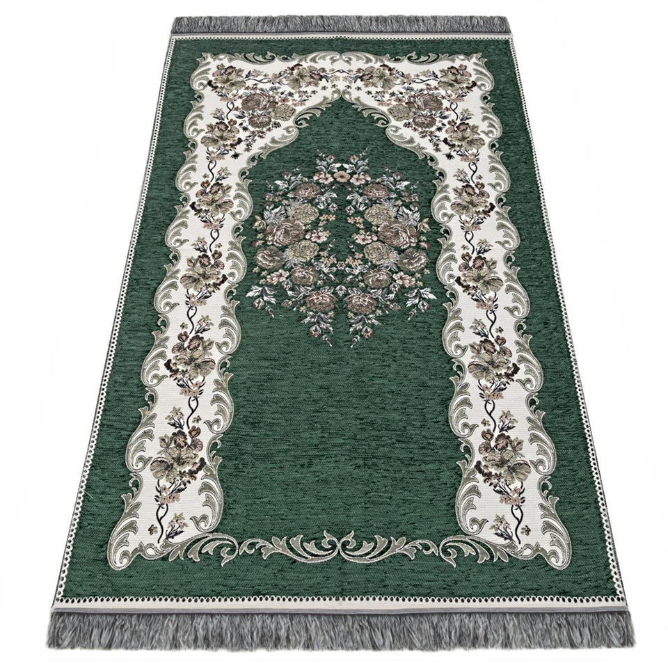 Dark Green Lux Roses Islamic Prayer Rug, Portable Sejadah, Travel Prayer Rug, Salat Musallah Sejadah Janamaz
