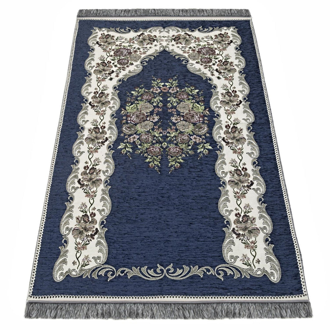 Navy Blue Lux Roses Islamic Prayer Rug, Portable Sejadah, Travel Prayer Rug, Salat Musallah Sejadah Janamaz