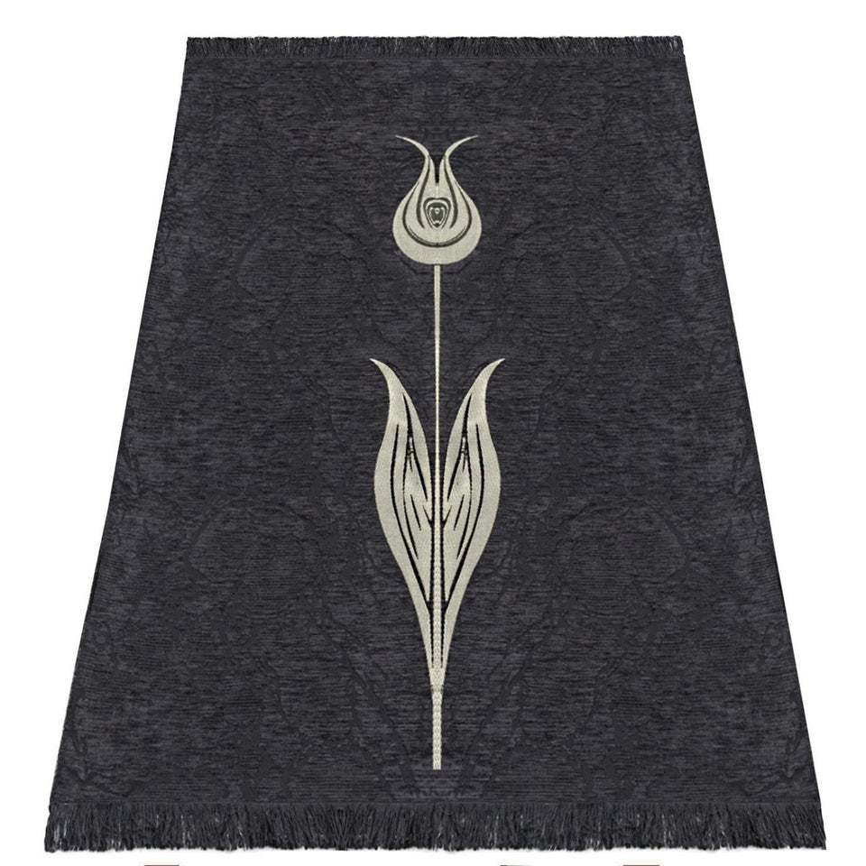Black Lightweighted Islamic Prayer Rug, Tulip Motiff Janamaz, Musallah, Sesallah, Sejadah, Carpet, Muslim Seccade, Islam Sajadah