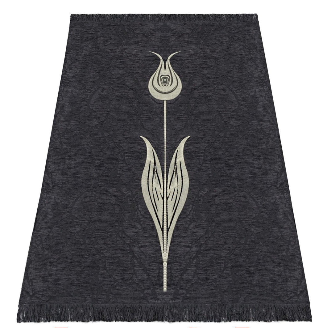 Black Lightweighted Islamic Prayer Rug, Tulip Motiff Janamaz, Musallah, Sesallah, Sejadah, Carpet, Muslim Seccade, Islam Sajadah