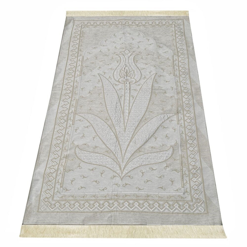 Cream Tulip Taffeta Lux Lightweighted Islamic Prayer Rug, Janamaz, Musallah, Sesallah, Sejadah, Carpet, Muslim Seccade, Islam Sajadah
