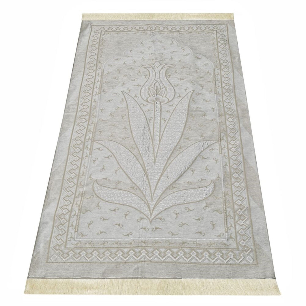 Cream Tulip Taffeta Lux Lightweighted Islamic Prayer Rug, Janamaz, Musallah, Sesallah, Sejadah, Carpet, Muslim Seccade, Islam Sajadah