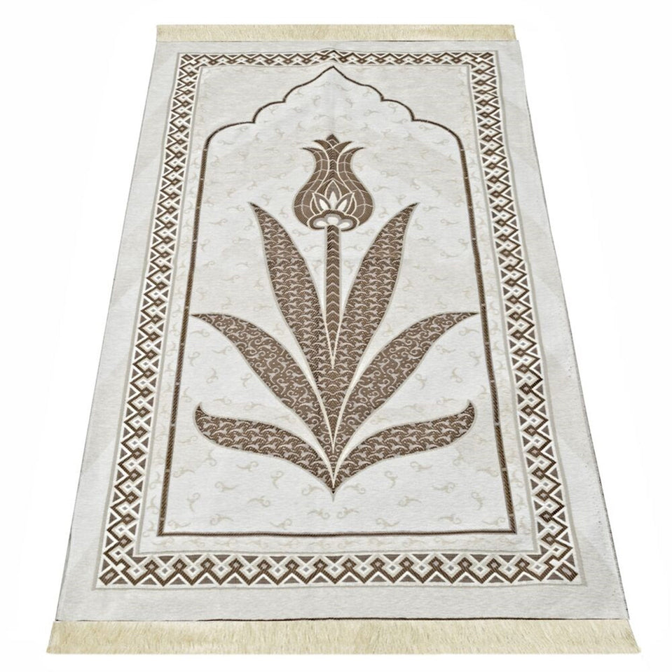 Milky Brown Tulip Taffeta Lux Lightweighted Islamic Prayer Rug, Janamaz, Musallah, Sesallah, Sejadah, Carpet, Muslim Seccade, Islam Sajadah