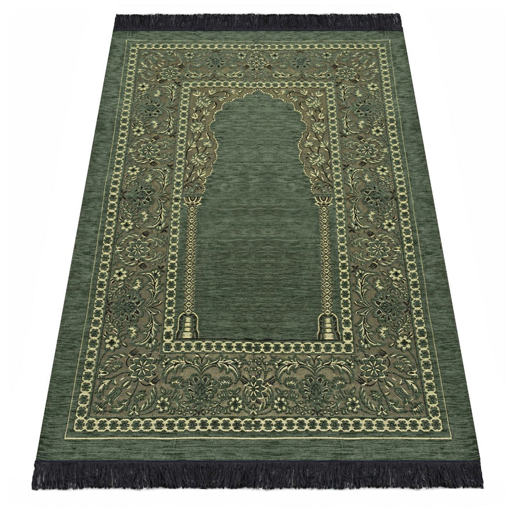 Green Aslisah Chenille Lightweighted Islamic Prayer Rug, Janamaz, Musallah, Sesallah, Sejadah, Carpet, Muslim Seccade, Islam Sajadah - islamicbazaar