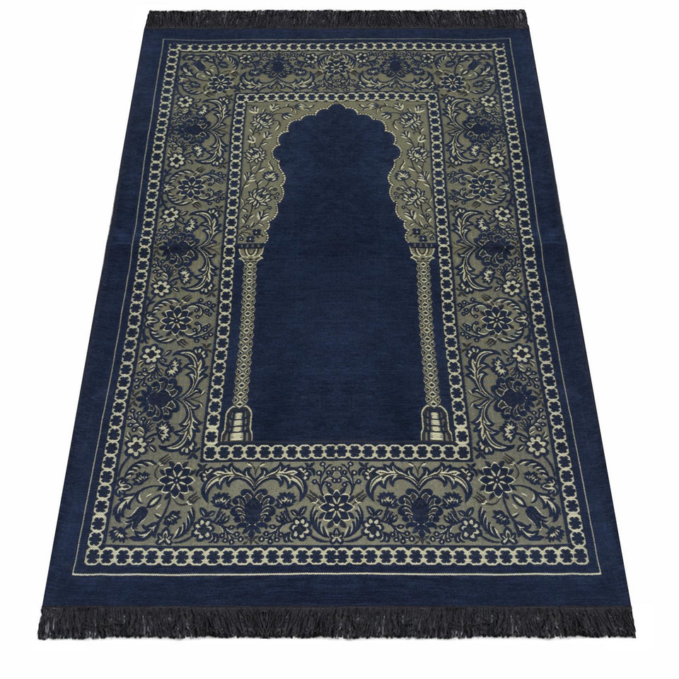Blue Aslisah Chenille Lightweighted Islamic Prayer Rug, Janamaz, Musallah, Sesallah, Sejadah, Carpet, Muslim Seccade, Islam Sajadah - islamicbazaar