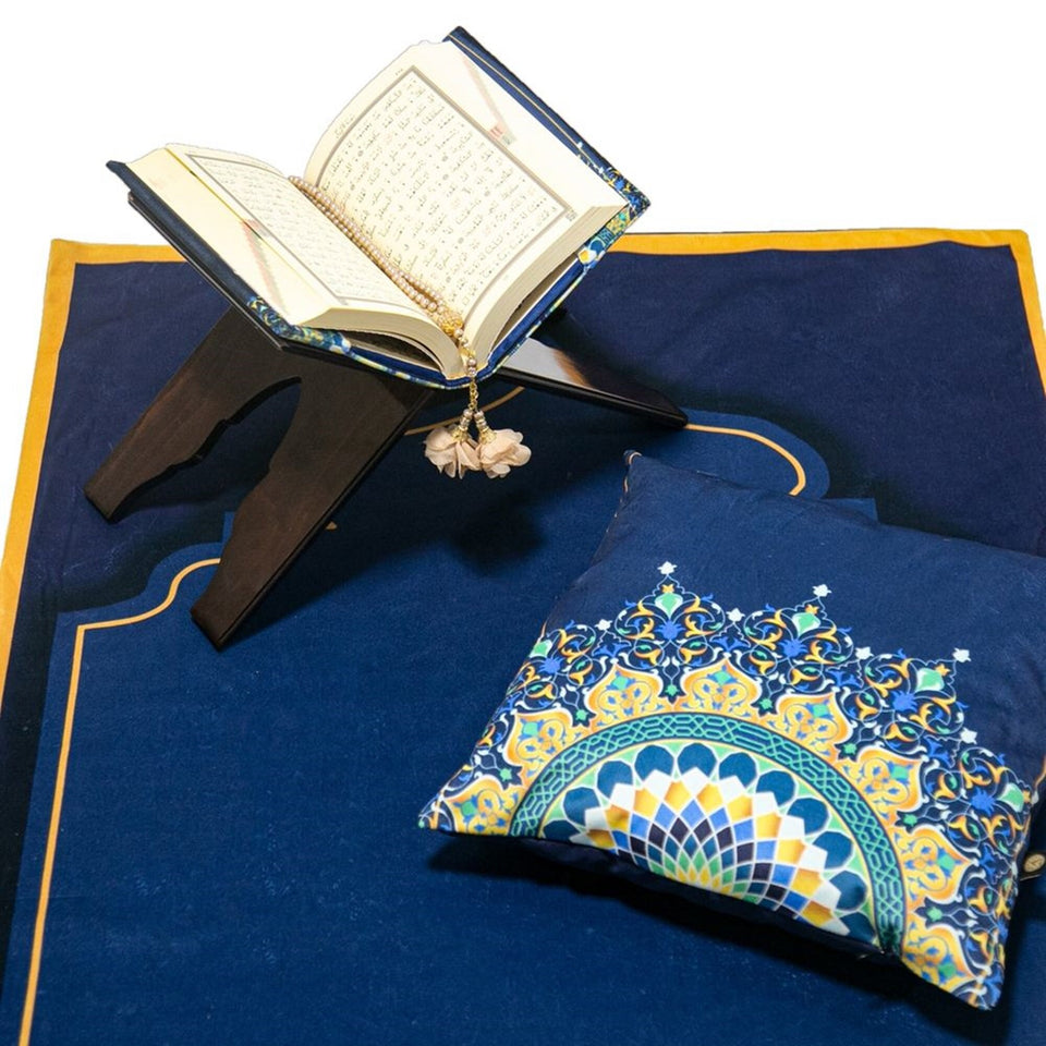Navy Blue Delux Special Prayer Mat Set Gift | Quran | Sajadah | Pillowcase | Islamic Gift | Personalized Gift | Tasbeeh Sejadah Set